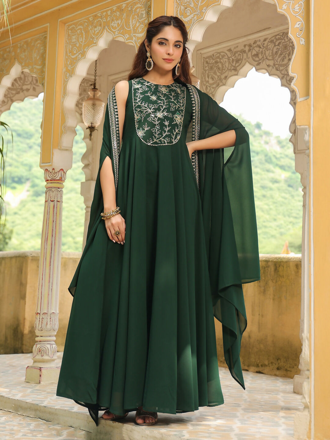 Janasya Dark Green Georgette Embroidered Dress & Jacket | Swadesiicart