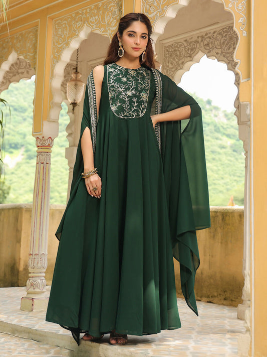 Janasya Dark Green Georgette Embroidered Dress & Jacket | Swadesiicart