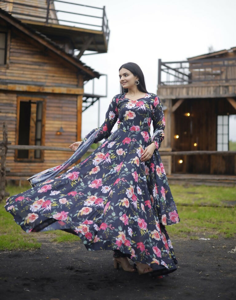 Jyoti Fashion Women's Black Faux Georgette Floral Digital Printed Anarkali Dress with Dupatta | Swadesiicart