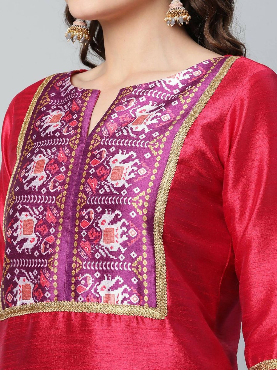 Ahalyaa Womens Red Art Silk Printed Kurta Pant Set | Swadesiicart