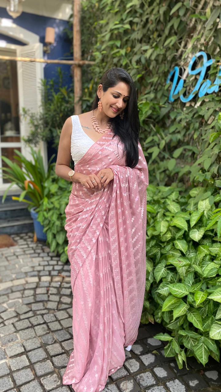 Pink Poly Chiffon Ethnic Motifs Saree with Unstitched Blouse - Hiral Fashion | Swadesiicart