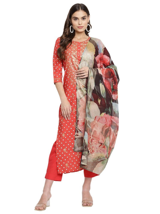 Ahalyaa Red Crepe Bandhani Gold Printed Kurta Pant With Dupatta | Swadesiicart