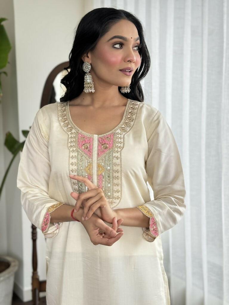 Cream Viscose chanderi Stitched Suit With Dupatta - Tanisha | Swadesiicart