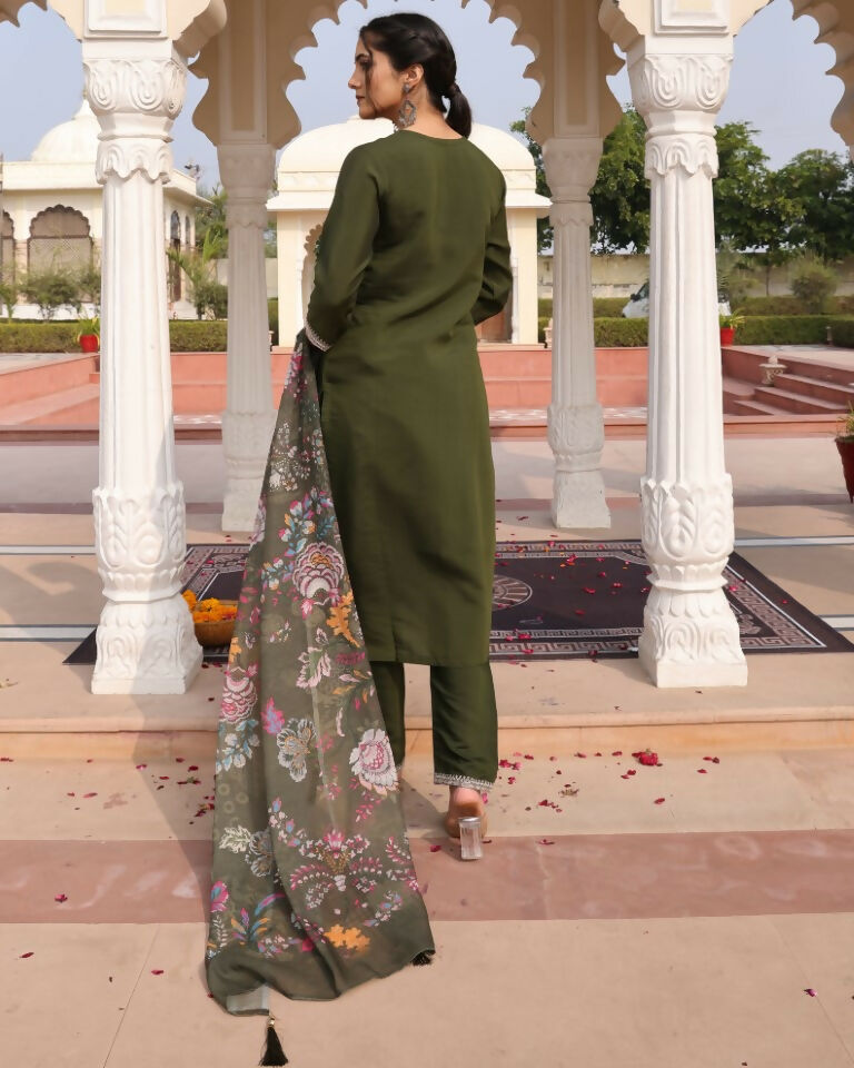 Jyoti Fashion Women's Mehendi Cotton Silk Hand Work with Floral Printed Kurta Set | Swadesiicart
