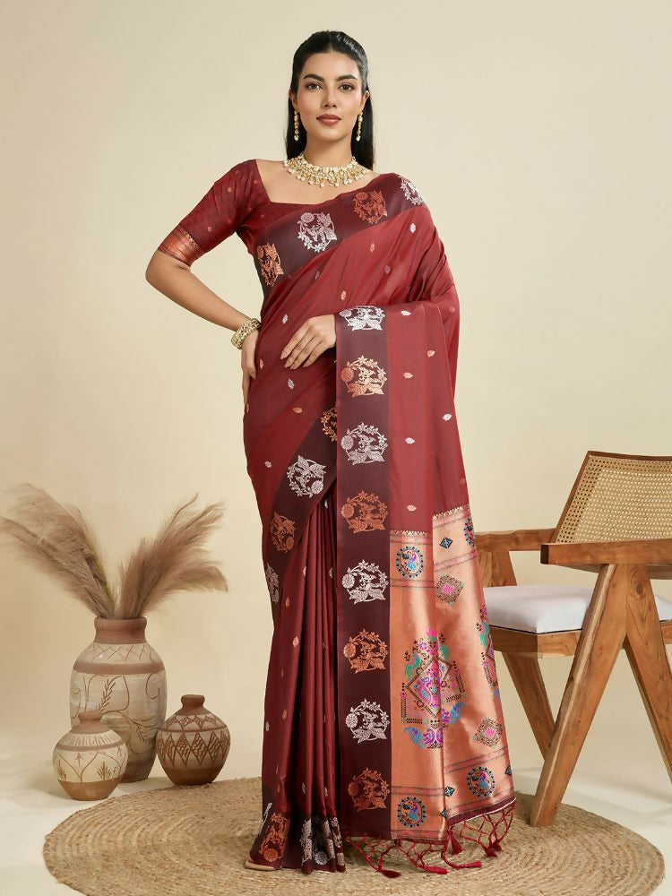 Vishnu Weaves Women's Maroon Banarasi Silk Zari Woven Saree with Blouse - Swadesiicart