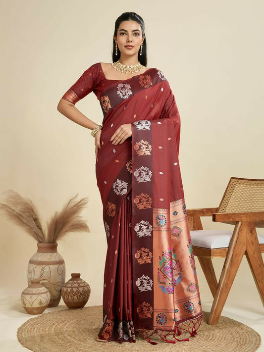 Vishnu Weaves Women's Maroon Banarasi Silk Zari Woven Saree with Blouse - Swadesiicart