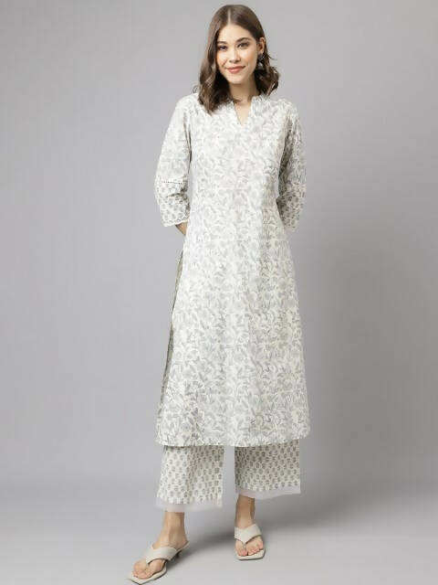 FIORRA Women's Off White Cotton A-Line Kurta Palazzo Set - Swadesiicart