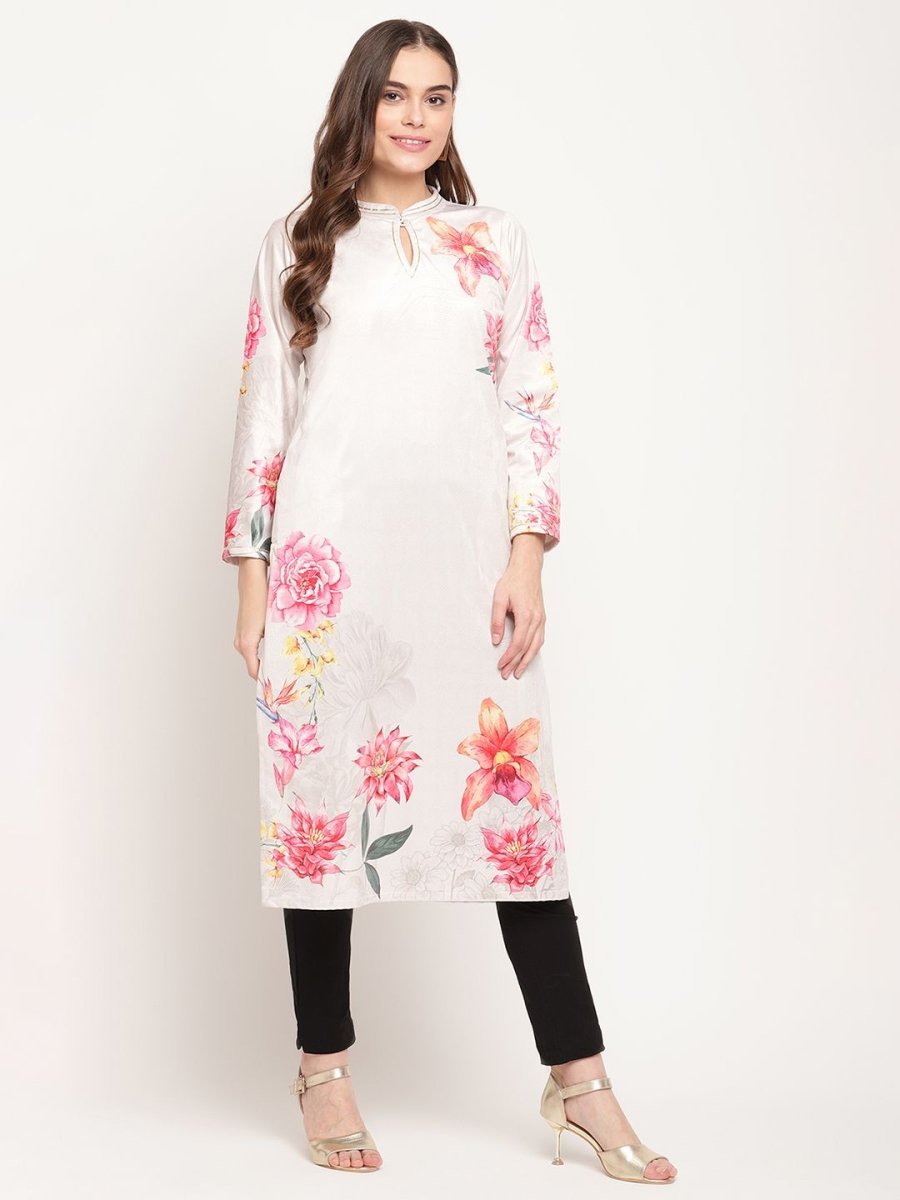 Ahalyaa Women Beige Velvet Digital Print Kurta | Swadesiicart