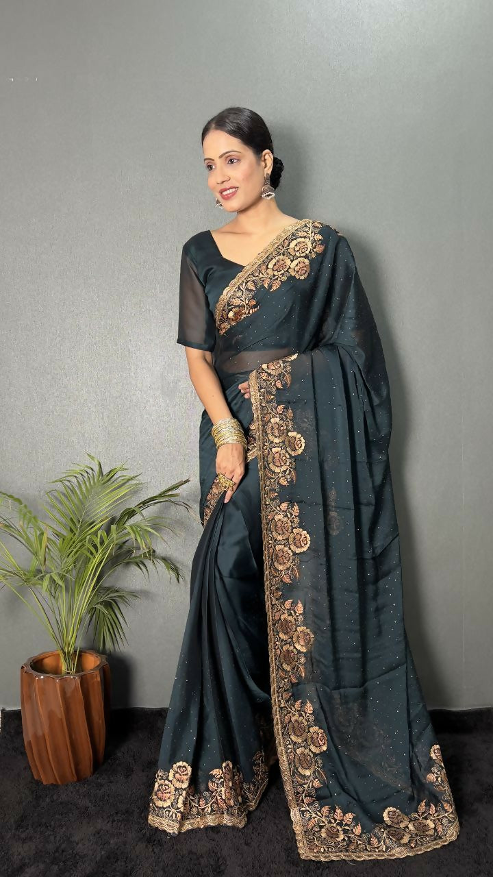 Vastranavya Morpeach Rangoli Silk Zari work with DMC Swarovski work Ready to Wear Saree | Swadesiicart