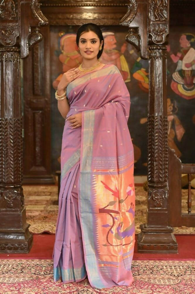 Very Much Indian Handloom Pure Cotton Paithani Peacock Pallu-Dual Tone Blue Pink | Swadesiicart
