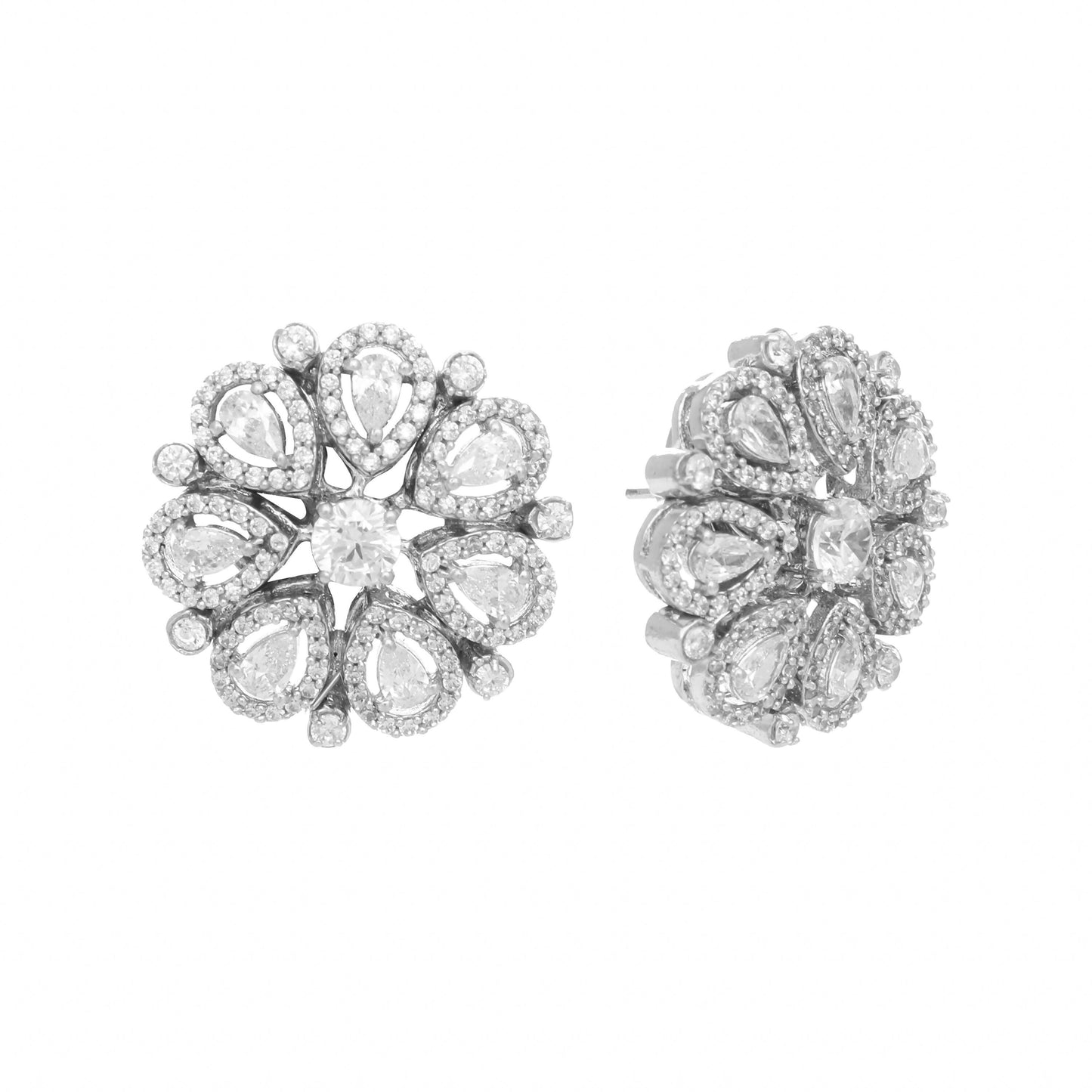 Nuyug Rhodium-Plated Zircon Studded Floral Statement Stud Earrings | Swadesiicart