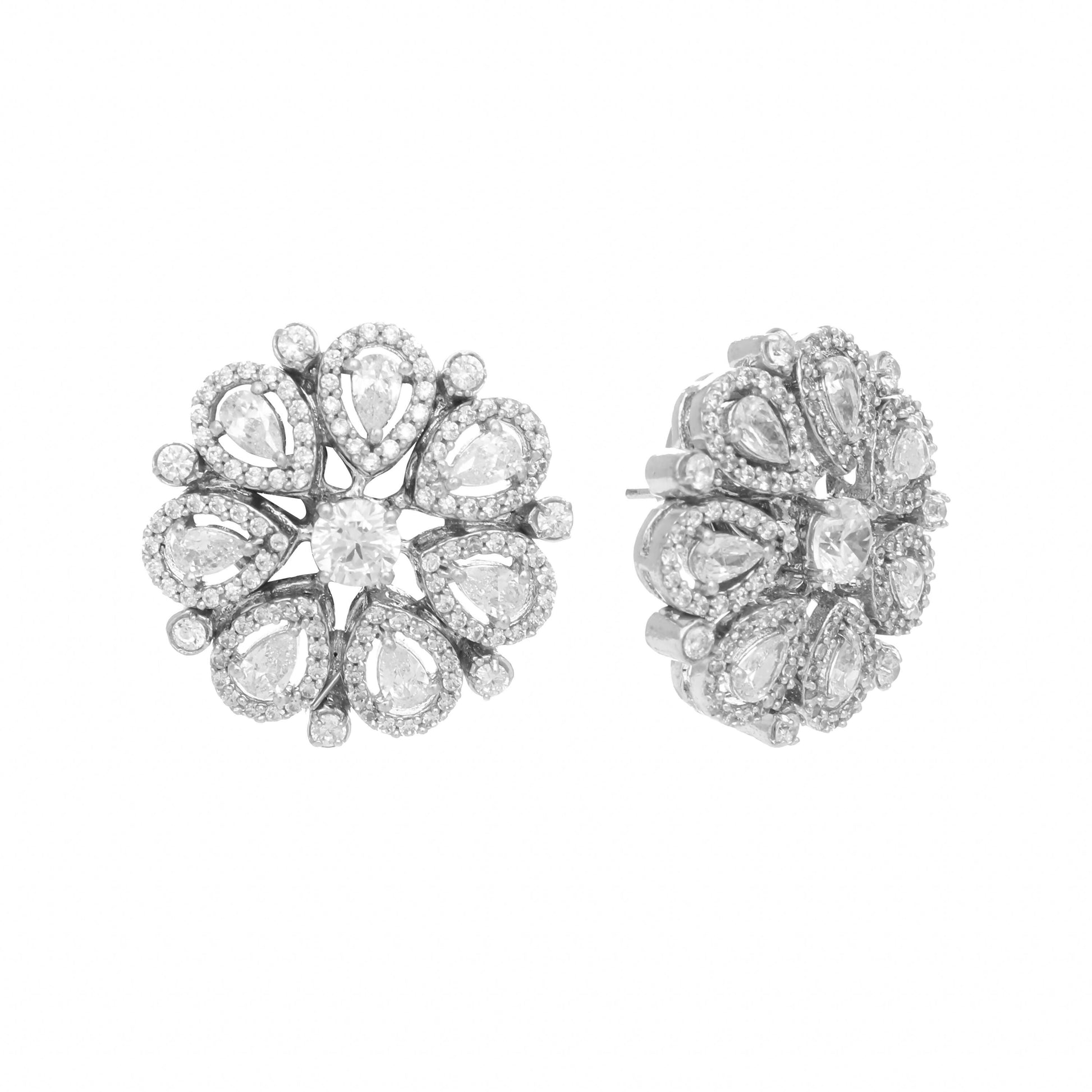 Nuyug Rhodium-Plated Zircon Studded Floral Statement Stud Earrings | Swadesiicart