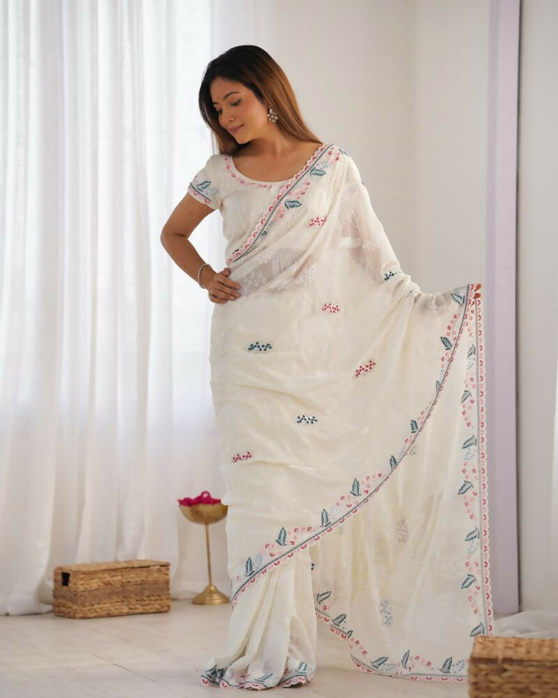 Vamsee Taniya White Silky Crush Saree - Swadesiicart