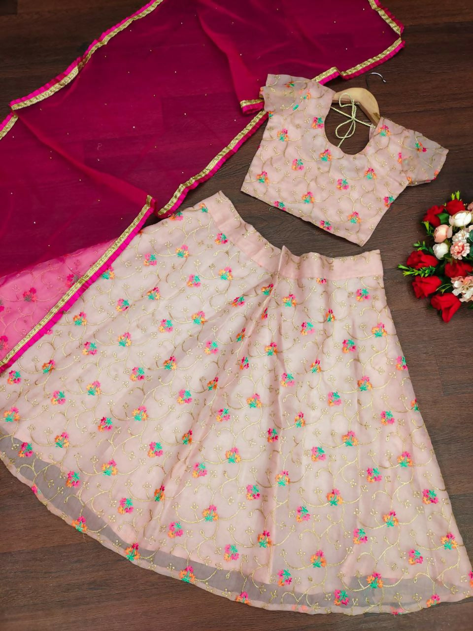 Jyoti Fashion Beautiful Peach Organza Silk Embroidered Kids Lehenga Choli Set | Swadesiicart