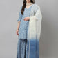 FIORRA Women's Sky Blue Pure Cotton A-Line Kurta & Sharara With Dupatta - Swadesiicart