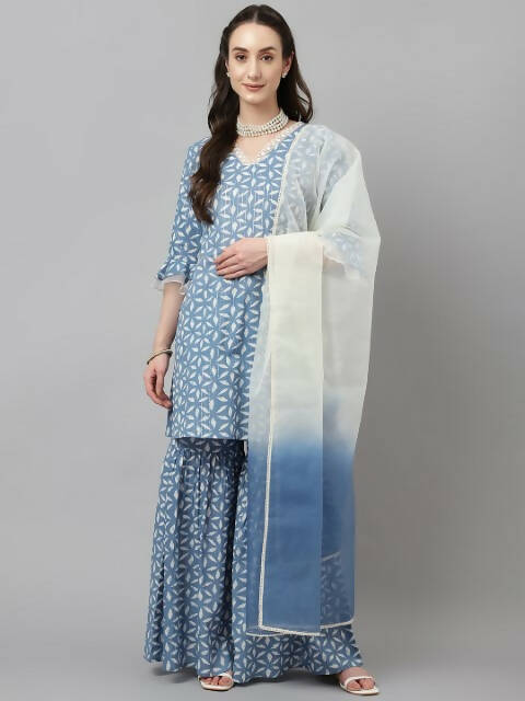 FIORRA Women's Sky Blue Pure Cotton A-Line Kurta & Sharara With Dupatta - Swadesiicart