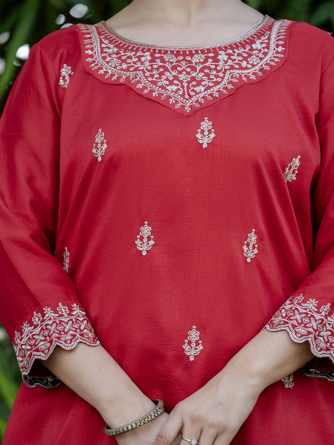 The52 Red Women's Gorgeous Embroidered Vichitra Silk Fabric Straight Kurta, Sharara and Dupatta Set - Swadesiicart
