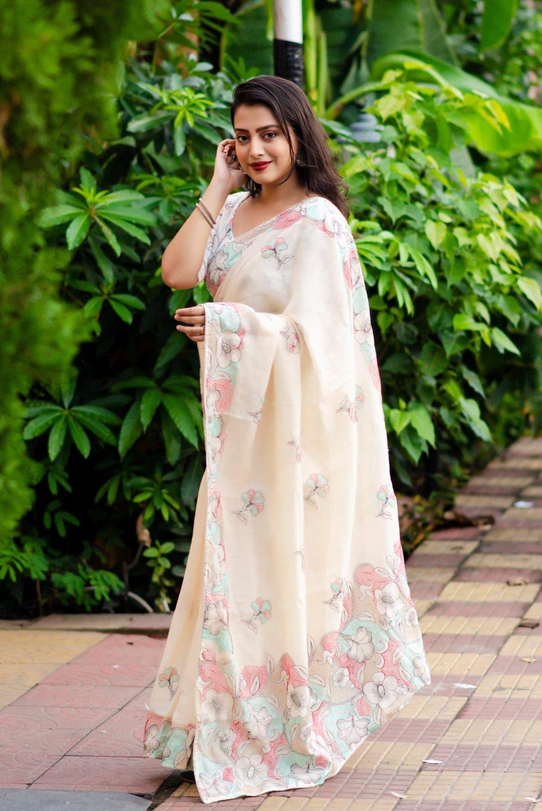 Offwhite Pure Linen Ethnic Motifs Saree with Unstitched Blouse - Hiral Fashion | Swadesiicart