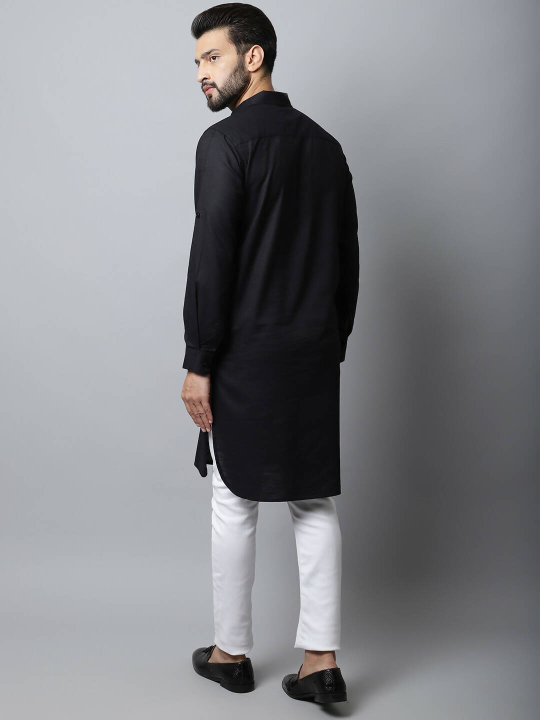 Even Apparels Black Color Linen Solid Men's Kurta With Shirt Collar (LN761) | Swadesiicart