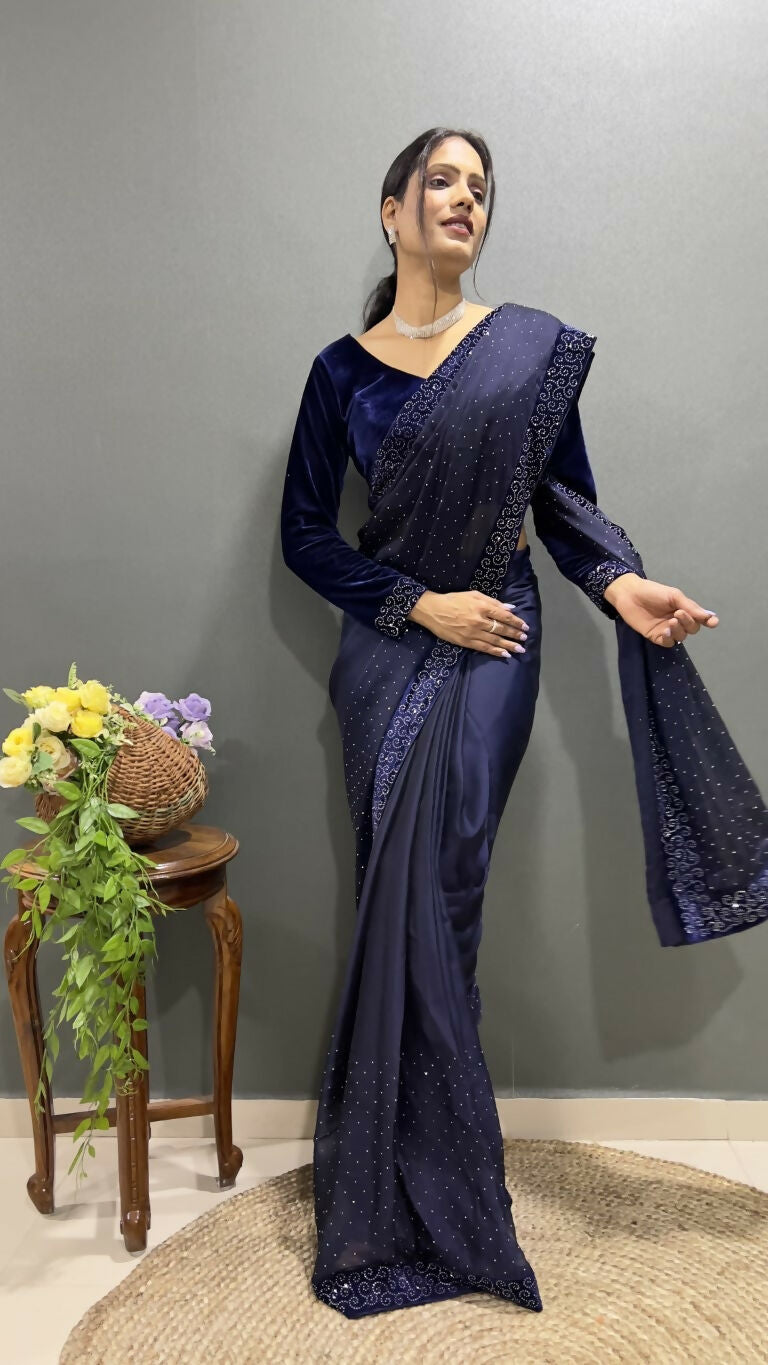 Vastranavya Dark Purple Rangoli Silk Swarovski work Ready to Wear Saree | Swadesiicart