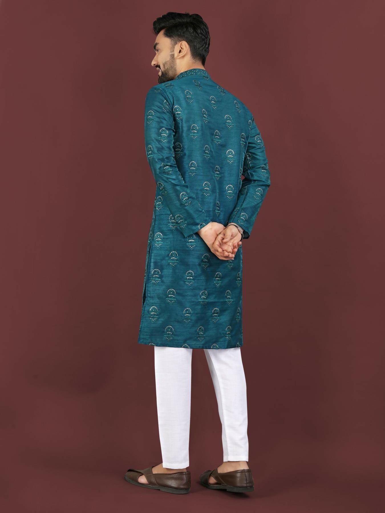Anaita Teal Embroidered Silk Straight Kurta