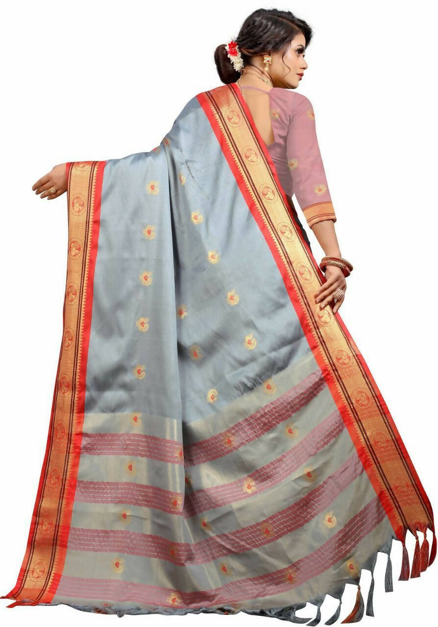 DEIANA'S Beautiful Designer Golden zari Soft Lichi Silk Saree - Grey - Swadesiicart