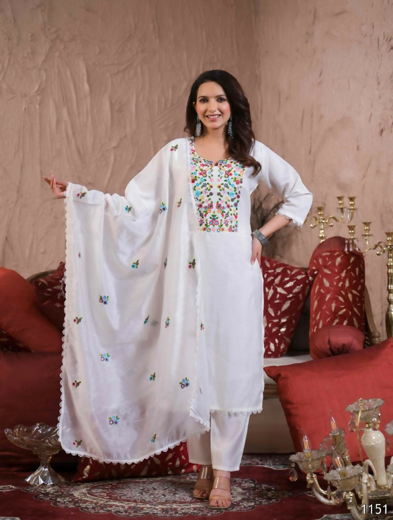 Ethnic Festive Wear Chanderi with Cotton Lining White Stitched Suit With Dupatta - Tanisha | Swadesiicart