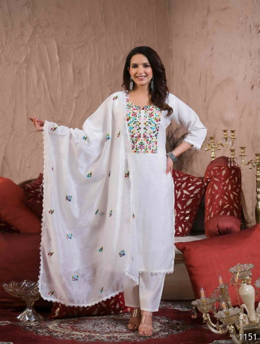 Ethnic Festive Wear Chanderi with Cotton Lining White Stitched Suit With Dupatta - Tanisha | Swadesiicart