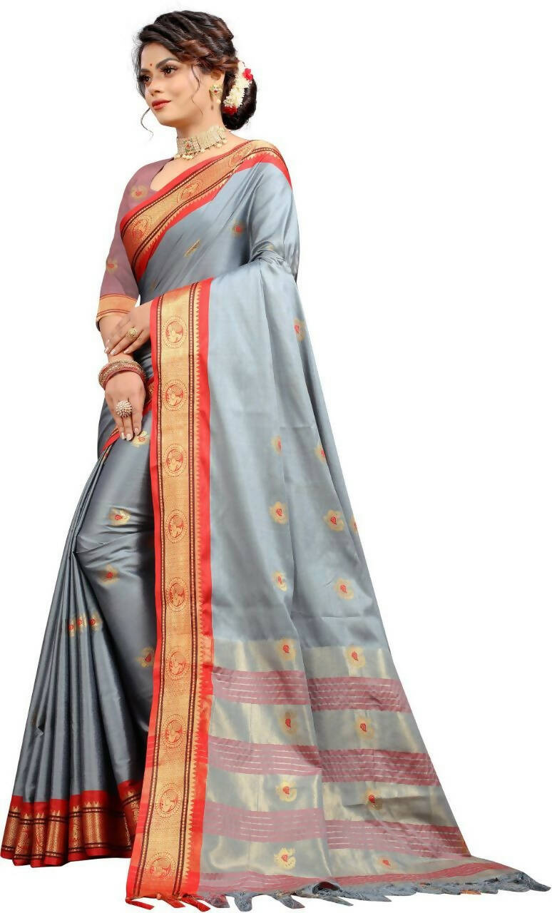 DEIANA'S Beautiful Designer Golden zari Soft Lichi Silk Saree - Grey - Swadesiicart