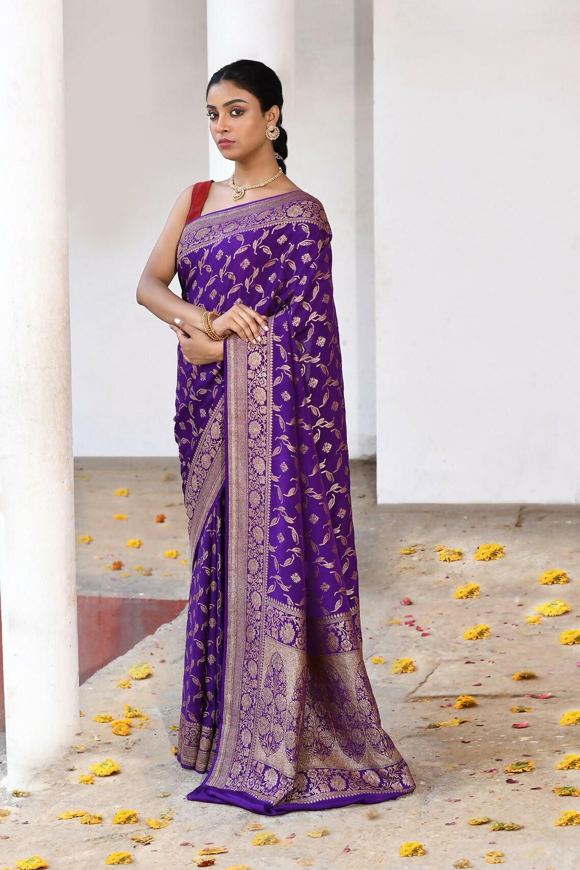 Joban Fashion Purple Crepe Chiffon Pure Handloom Banarasi Silk Saree | Swadesiicart