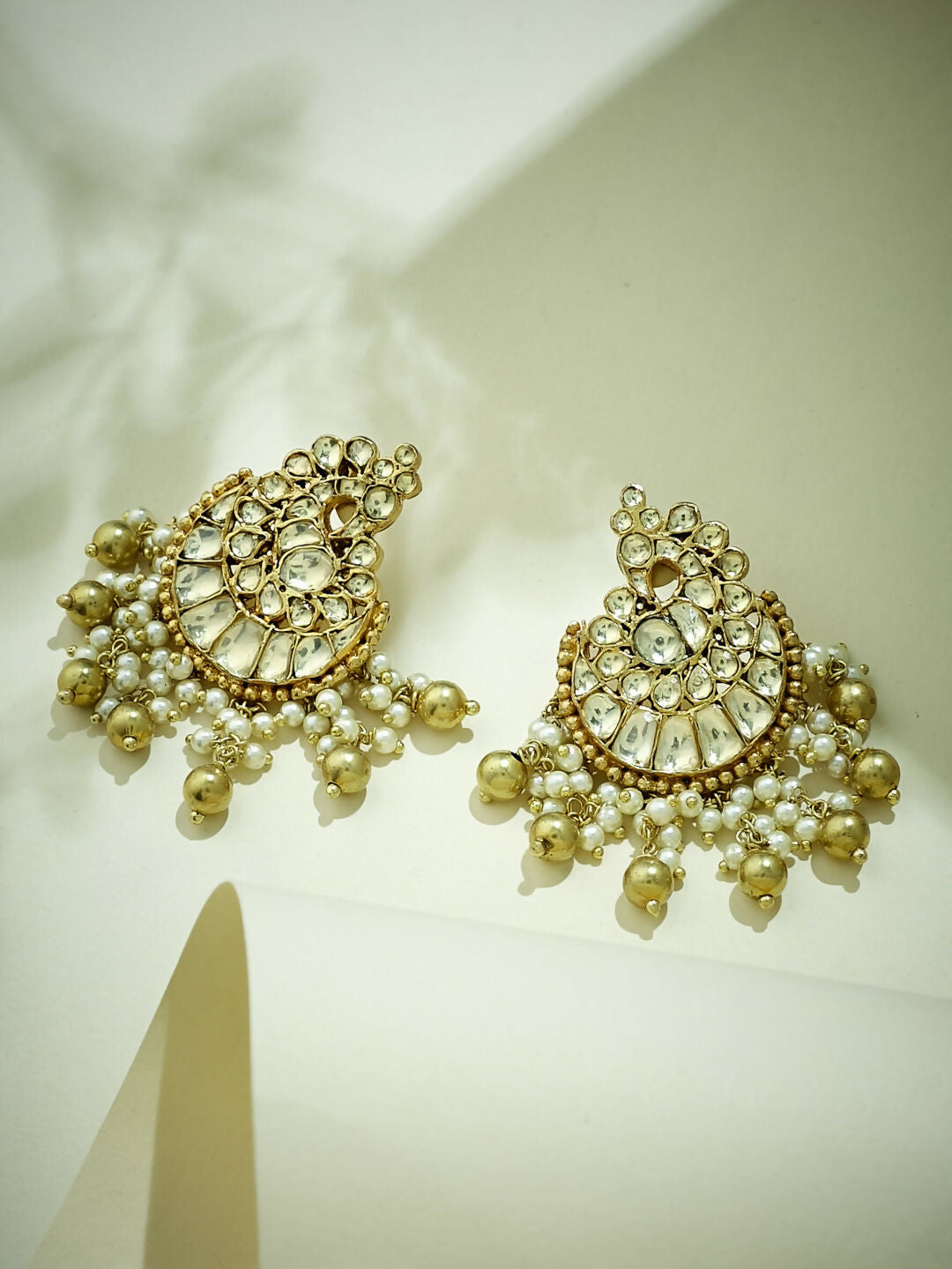 Nuyug 22K Gold-Plated Kundan Stone Studded & Pearl Drop Beaded Crescent Shaped Chandbalis | Swadesiicart