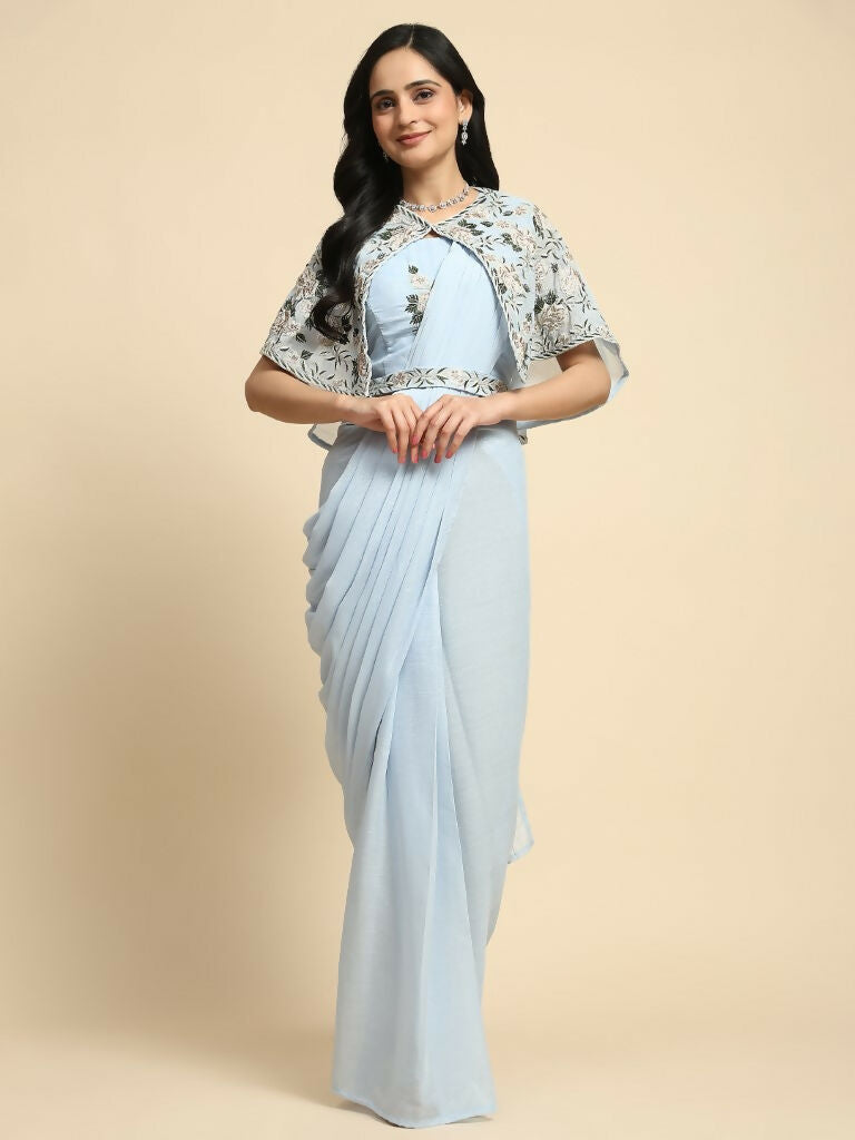 Blue Chiffon Solid Ready to wear Saree with stitched Blouse - Aayan | Swadesiicart