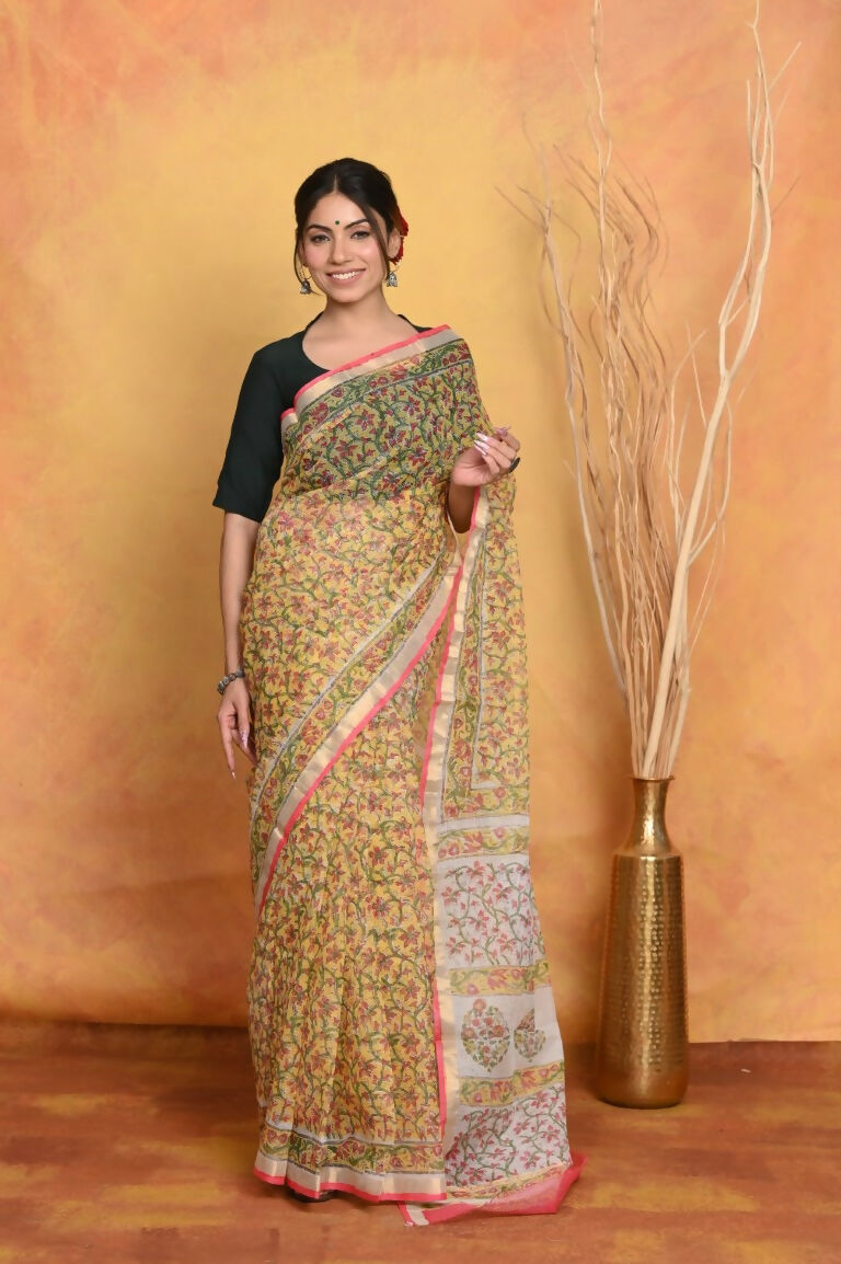 Very Much Indian Pure Kota Cotton Handblock Printed Saree - Yellow | Swadesiicart
