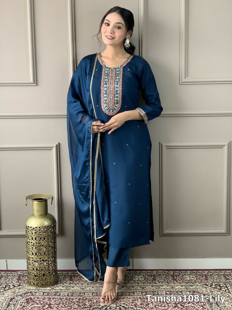Blue Viscose Chanderi Stitched Suit With Dupatta - Tanisha | Swadesiicart