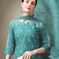 Jyoti Fashion Women's Teal Cotton Blend Embroidery & Sequence work Kurta with Trouser & Dupatta | Swadesiicart