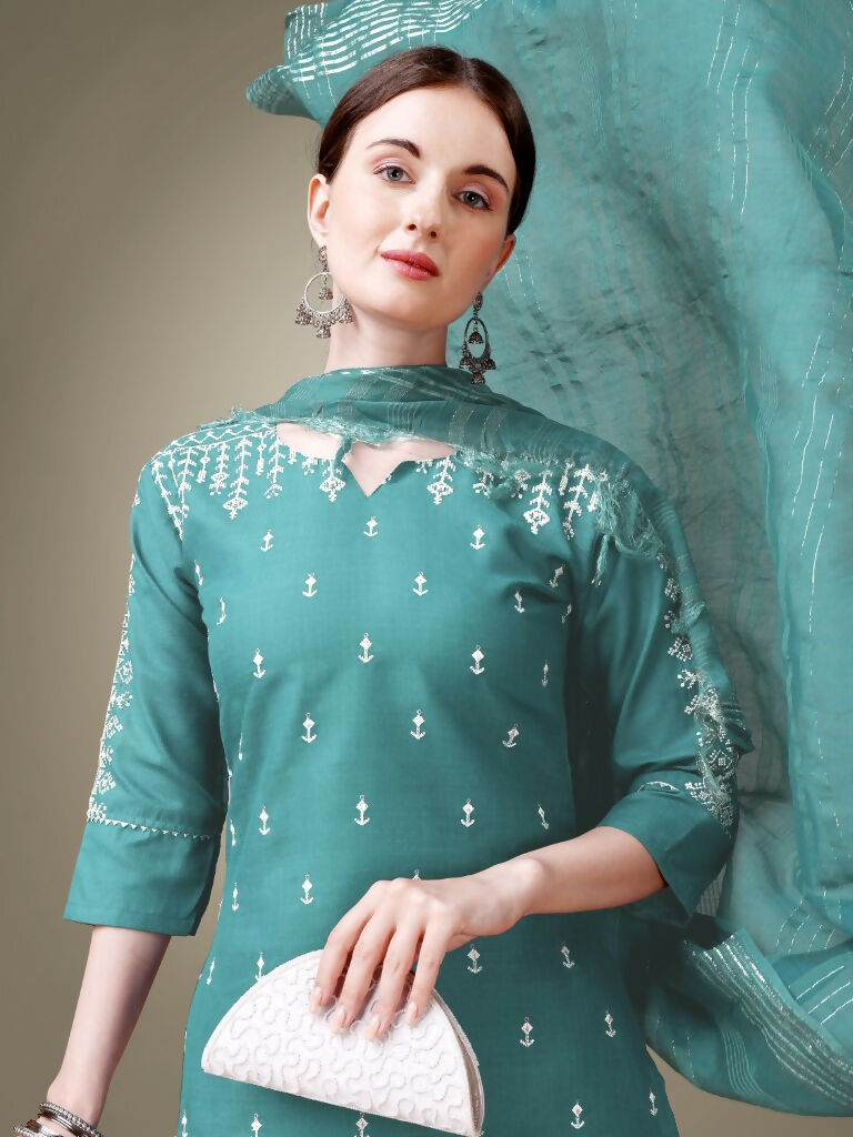 Jyoti Fashion Women's Teal Cotton Blend Embroidery & Sequence work Kurta with Trouser & Dupatta | Swadesiicart