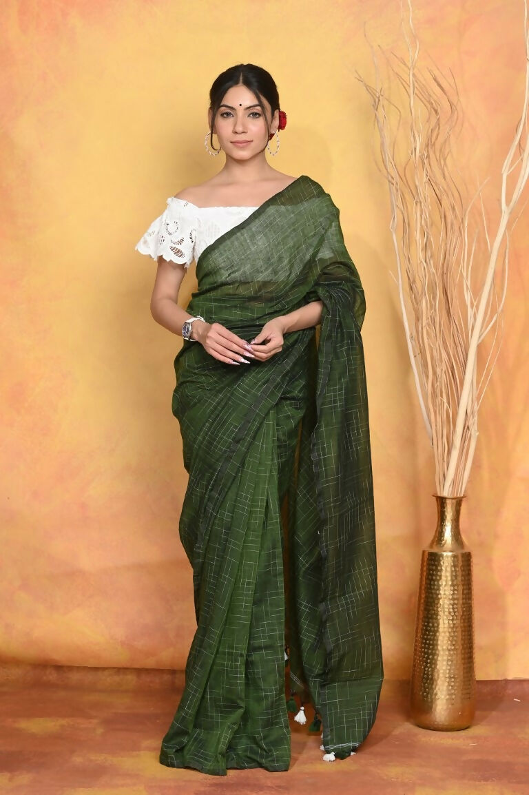 Very Much Indian Mul Cotton Khadi Design Handloom Woven Saree - Green | Swadesiicart