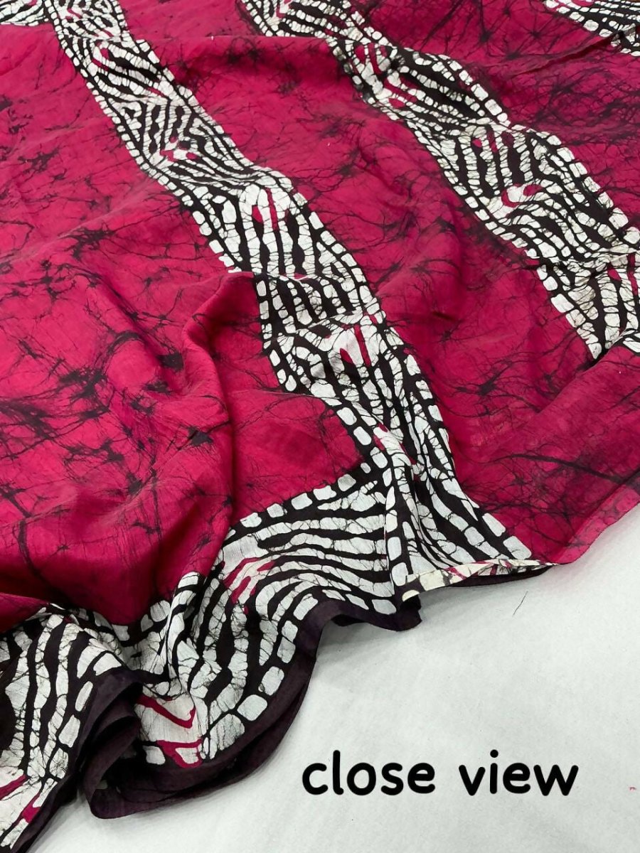 Arfa Fashion House Rani Pink Pure Chanderi Cotton Batik Printed Saree