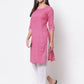 Myshka Women's Pink Cotton 3/4 Sleeve Round Neck Printed Casual Kurta