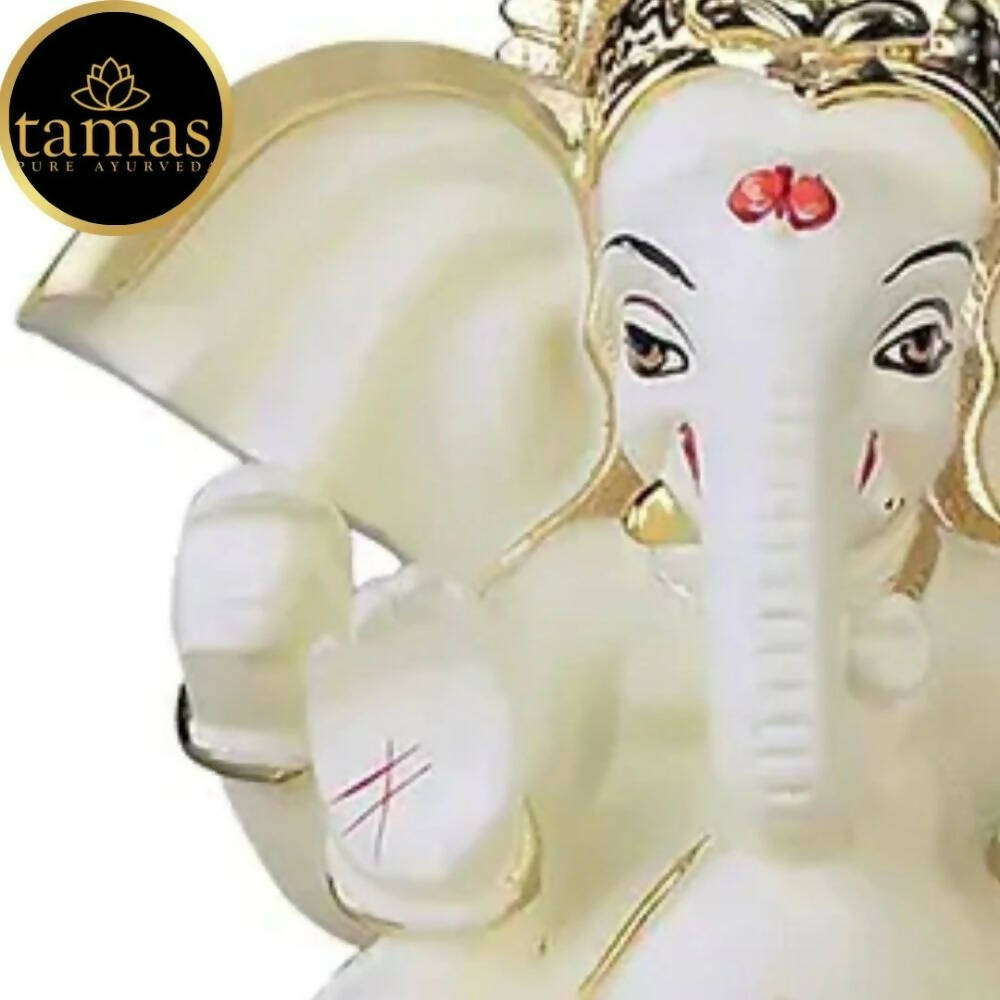 Tamas Gaj Karna Ganesh Idol | Off White & Gold | Brass Pooja Decor - Swadesiicart