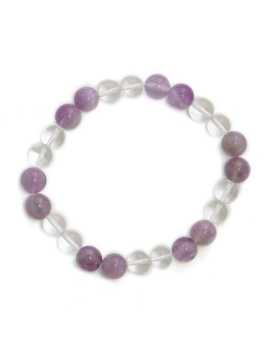 Clear Quartz and Amethyst White and Grey Beads Elastic Bracelet - Ruby Raang | Swadesiicart