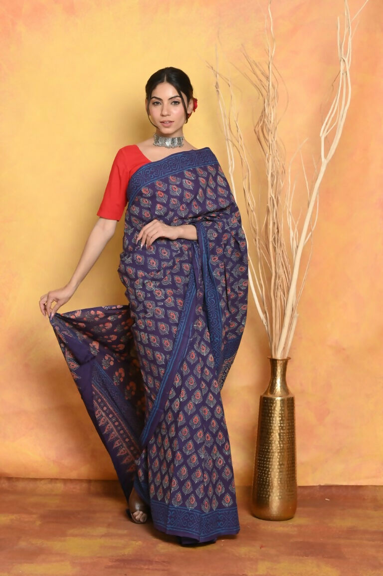 Very Much Indian Handblock Printed Cotton Saree With Natural Dyes - Blue | Swadesiicart