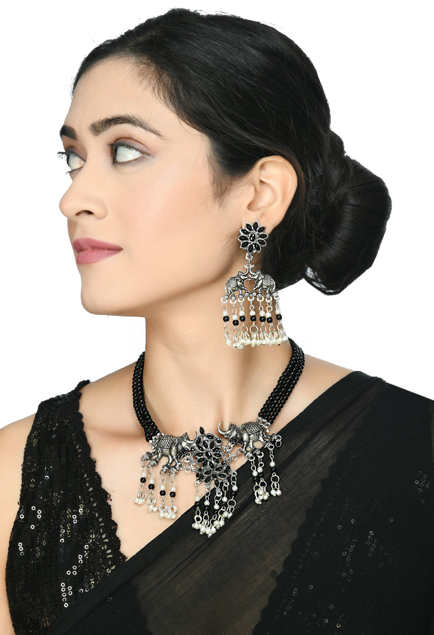 Mominos Fashion Johar Kamal Silver-Plated Brass Finish Elephant Desgin Choker For Women (Black) | Swadesiicart
