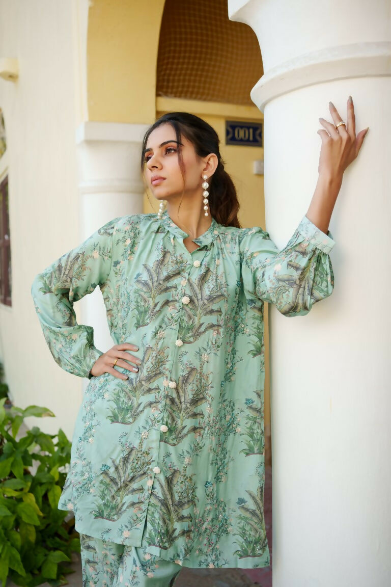 Vaasva Women Sky Blue Muslin Embroidered Shirt & Pant Set - Swadesiicart