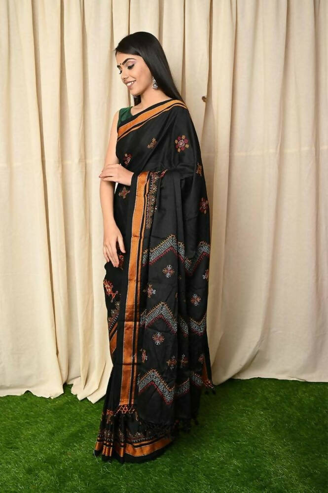 Very Much Indian Khun Saree Cotton Resham Handwoven Chrome Yellow & Black | Swadesiicart