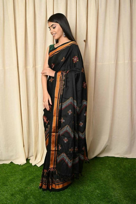 Very Much Indian Khun Saree Cotton Resham Handwoven Chrome Yellow & Black | Swadesiicart