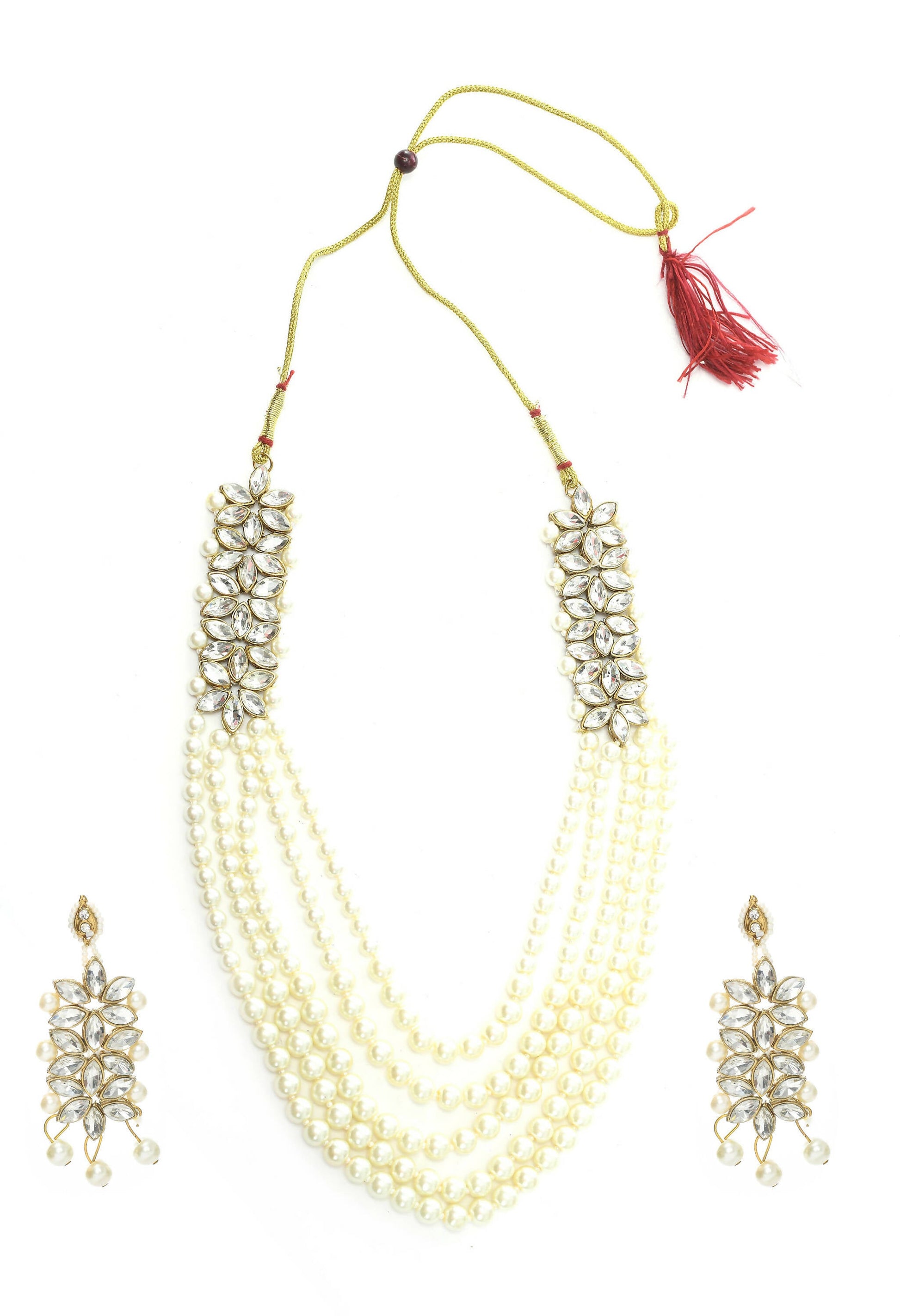 Mominos Fashion Johar Kamal Gold-Polished Rani Haar with White and Off white Pearls Jewellery Set - Swadesiicart