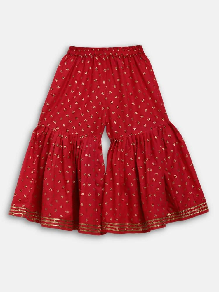Ahalyaa Red Crepe Gold Printed Kids Kurta Sharara Set For Girls | Swadesiicart