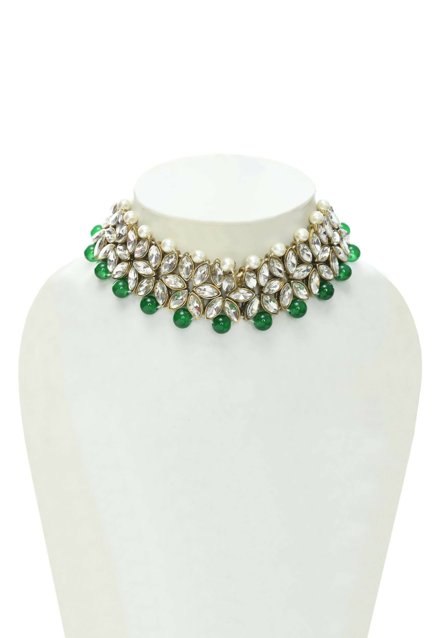 Mominos Fashion Johar Kamal Gold-Polished Rani Haar with Green and Off white Pearls Jewellery Set - Swadesiicart