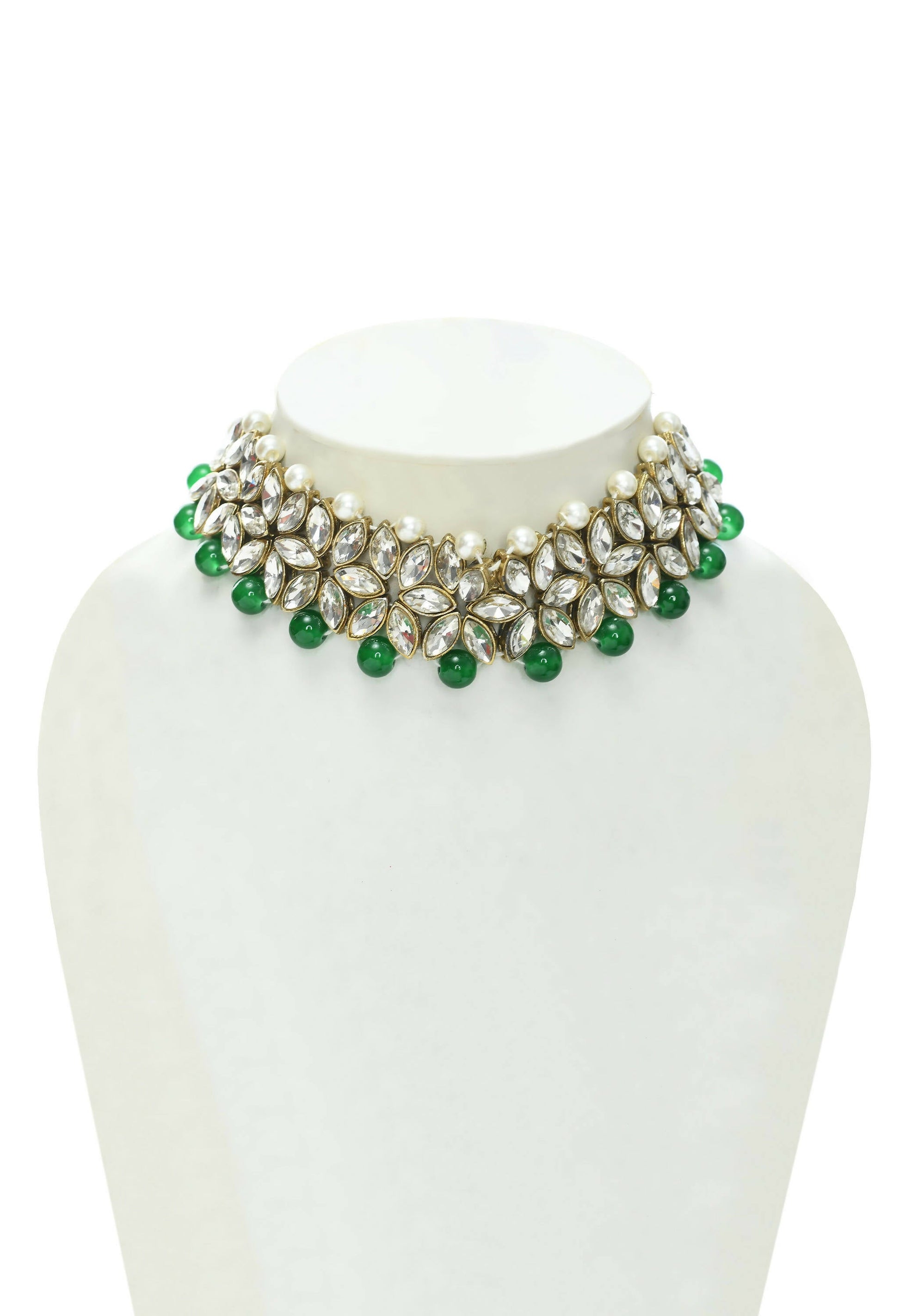 Mominos Fashion Johar Kamal Gold-Polished Rani Haar with Green and Off white Pearls Jewellery Set - Swadesiicart